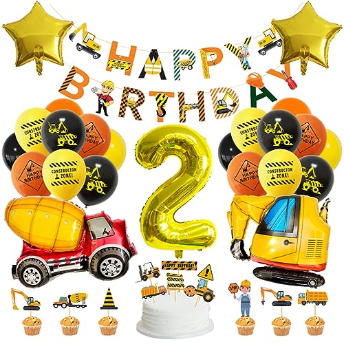 Guoguonb Gelb 2 Jahre Baufahrzeug Geburtstag Deko Happy Birthday Banner Zahlenballon 2 Folienballon Bedruckte Ballons Bagger Tortendekoration für Kindergeburtstag Partyset Dekoration von Guoguonb