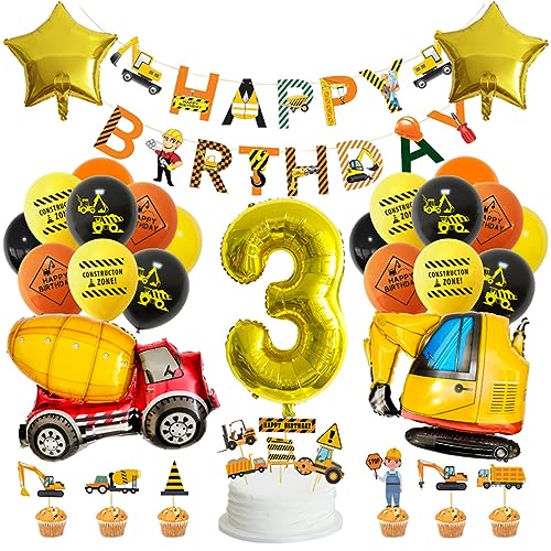 Guoguonb Gelb 3 Jahre Baufahrzeug Geburtstag Deko Happy Birthday Banner Zahlenballon 3 Folienballon Bedruckte Ballons Bagger Tortendekoration für Kindergeburtstag Partyset Dekoration von Guoguonb