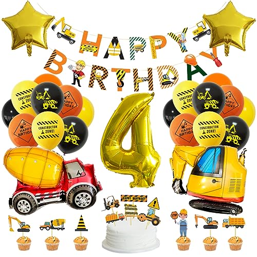 Guoguonb Gelb 4 Jahre Baufahrzeug Geburtstag Deko Happy Birthday Banner Zahlenballon 4 Folienballon Bedruckte Ballons Bagger Tortendekoration für Kindergeburtstag Partyset Dekoration von Guoguonb