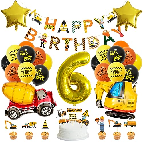 Guoguonb Gelb 6 Jahre Baufahrzeug Geburtstag Deko Happy Birthday Banner Zahlenballon 6 Folienballon Bedruckte Ballons Bagger Tortendekoration für Kindergeburtstag Partyset Dekoration von Guoguonb