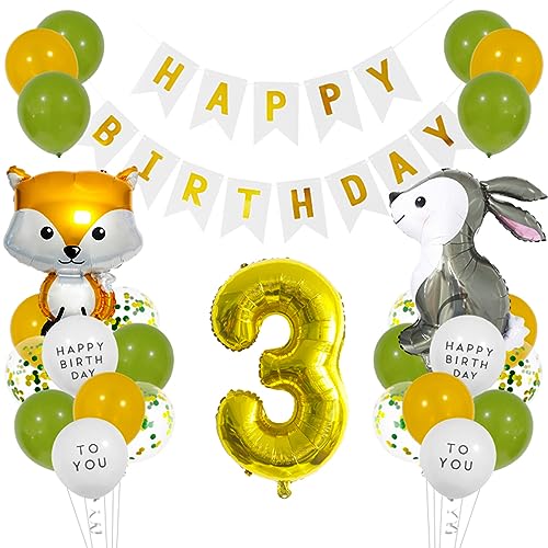 Guoguonb Golden Geburtstag Dekoration Set Happy Birthday Banner Kaninchen Fuchs Folienballons Luftballon Große Zahlen 3 Folienballons für Deko 3. Geburtstag Mädchen Junge Geburtstag deko von Guoguonb