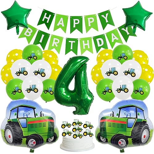 Guoguonb Grün 4 Jahre Traktor Geburtstag Deko Happy Birthday Banner Zahlenballon 4 Folienballon Bedruckte Ballons Traktor Tortendekoration für Kindergeburtstag Partyset Dekoration von Guoguonb