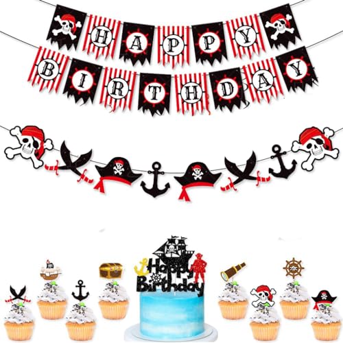 Guoguonb Halloween Tortendekorationen Halloween Cake Topper Cupcake und Happy Birthday Banner für Piratenthema Kuchen Deko Kinder Geburtstagsparty Dekoration von Guoguonb