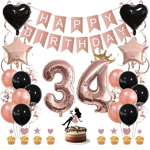 Guoguonb Roségold Geburtstag Dekoration Set 34 Jahr Geburtstag Deko Happy Birthday Banner Luftballons High Heel Girl Cake Topper für Mädchen Frau Deko 34. Geburtstag Party Dekoration von Guoguonb