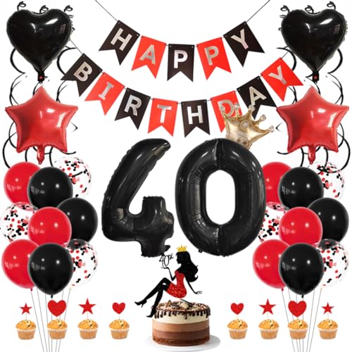 Guoguonb Rot Geburtstag Dekoration Set 40 Jahr Geburtstag Deko Happy Birthday Banner Luftballons High Heel Girl Cake Topper für Mädchen Frau Deko 40. Geburtstag Party Dekoration von Guoguonb