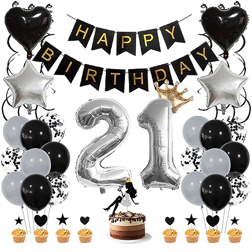 Guoguonb Schwarz Geburtstag Dekoration Set 21 Jahr Geburtstag Deko Happy Birthday Banner Luftballons High Heel Girl Cake Topper für Mädchen Frau Deko 21. Geburtstag Party Dekoration von Guoguonb