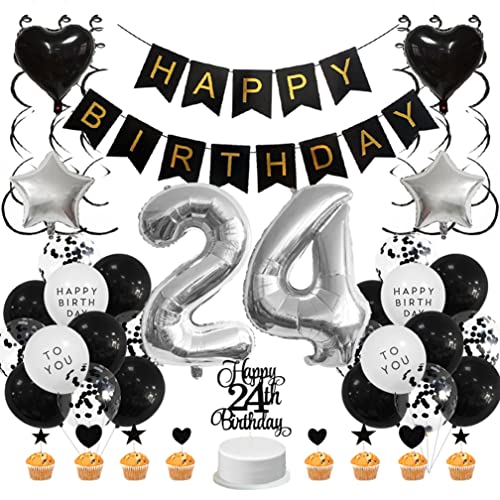 Guoguonb Schwarz Geburtstag Dekoration Set 24 Jahr Geburtstag Deko Happy Birthday Banner Luftballons Cake Topper Tortendekoration für Deko 24. Geburtstag Party Dekoration von Guoguonb