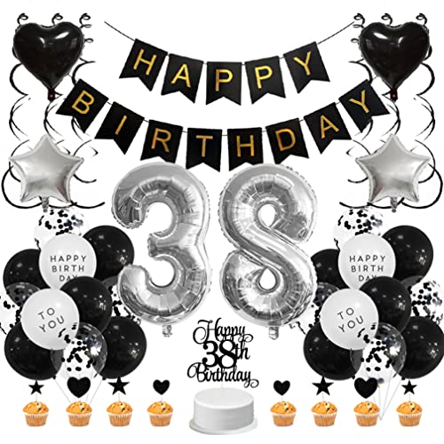 Guoguonb Schwarz Geburtstag Dekoration Set 38 Jahr Geburtstag Deko Happy Birthday Banner Luftballons Cake Topper Tortendekoration für Deko 38. Geburtstag Party Dekoration von Guoguonb