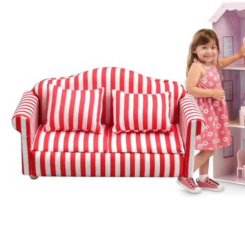 Gupcaqosjw Miniatur Puppenhaus Couch Sofa, Puppenhaus Couch Mit Kissen, Miniatur Sofa Sessel Spielzeug Im Maßstab 1:12, Rot/Blau Weiß Gestreifter Miniatur Sofa Sessel Aus Holzstoff Einzel/Doppelsofa von Gupcaqosjw