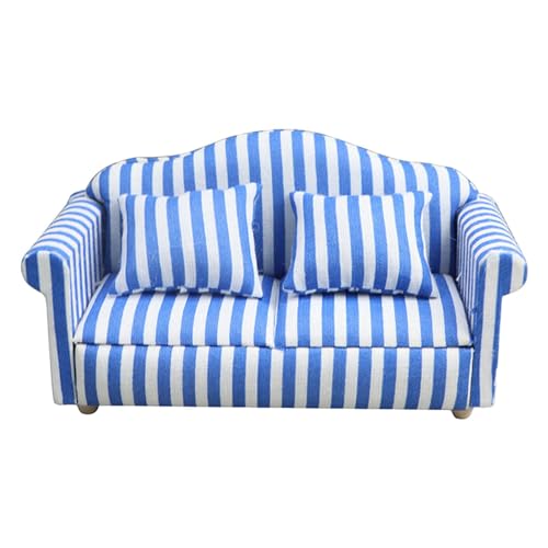 Gupcaqosjw Miniatur Puppenhaus Couch Sofa, Puppenhaus Couch Mit Kissen, Miniatur Sofa Sessel Spielzeug Im Maßstab 1:12, Rot/Blau Weiß Gestreifter Miniatur Sofa Sessel Aus Holzstoff Einzel/Doppelsofa von Gupcaqosjw