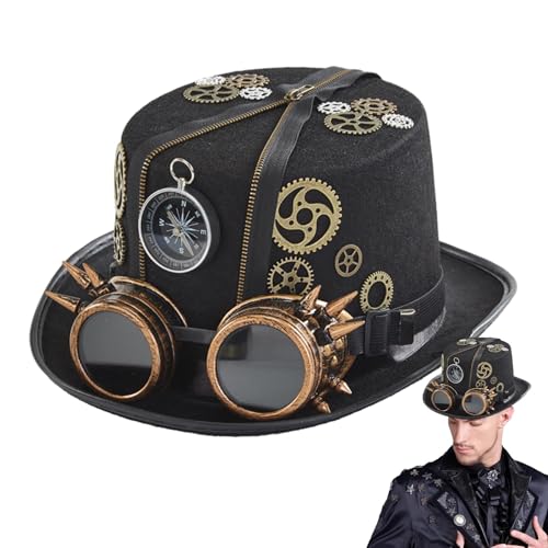 Gupcaqosjw Steampunk Hut Steampunk Zylinder Hut Mit Brille Gothic Steampunk Top Hüte,Damen Herren Karneval Halloween Cosplay Zeitreisender-Kostüm Kopfbedeckung Zubehör Kopfumfang Von 56-58cm von Gupcaqosjw