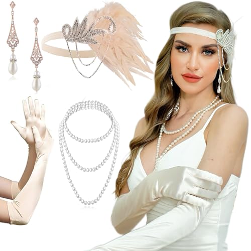 1920er Jahre Flapper Gatsby Kostüm Zubehör Set 20er Jahre Flapper Stirnband Vintage Perlenkette Handschuhe, A-beige, Einheitsgröße von GurZinn