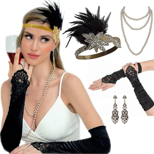 1920er Jahre Flapper Gatsby Kostüm Zubehör Set 20er Jahre Flapper Stirnband Vintage Perlenkette Handschuhe, C-schwarz, Einheitsgröße von GurZinn