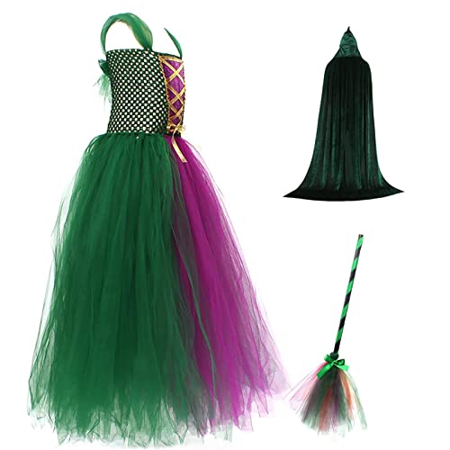 Gusengo Hocus Pocus Kostüm Für Kinder, Winifred Sanderson Schwestern Kostüm Cosplay Outfit Samt Tüll Partykleid Mit Hexenumhang Und Besen Dress Up Kostüm Für Mädchen Halloween Cosplay von Gusengo