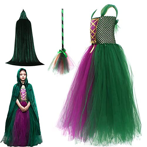 Gusengo Hocus Pocus Kostüm Für Kinder, Winifred Sanderson Schwestern Kostüm Cosplay Outfit Samt Tüll Partykleid Mit Hexenumhang Und Besen Dress Up Kostüm Für Mädchen Halloween Cosplay von Gusengo