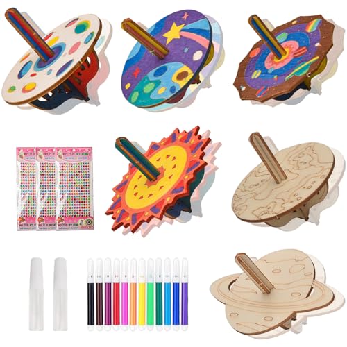 Holzkreisel Bausatz Kinder Wooden Spinning Top 12 Holz Bastelset Kinder Planeten Kreisel Bemalen mit 12 Aquarellstiften Kindergeburtstag Basteln Holzbastelset Kinder Kreativ Spielzeug Geschenk von Gutluz