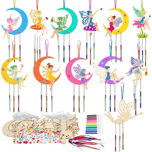 Wind Chime Kit 12 Holz Feen Windspiel Bastelset Kinder, DIY Wind Chimes Bastelset Kinder mit 12 Aquarellstiften und Aufkleber, Basteln Kindergeburtstag Mädchen Spielzeug Weihnachtsbaum Ornamente von Gutluz