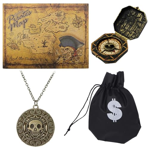 Guyode 4 Stück Pirate Accessories, Totenkopf Kette + Kompass + Goldbeutel + Karte, Piratenkostüm Herren, Jack Sparrow, Halskette mit Aztekenkopf-Münze Medaillon für Karneval, Fasching, Halloween Guyode 4 Stück Pirate Accessories, Totenkopf Kette + Kompass + Goldbeutel + Karte, Piratenkostüm Herren, Jack Sparrow, Halskette mit Aztekenkopf-Münze Medaillon für Karneval, Fasching, Halloween von Guyode
