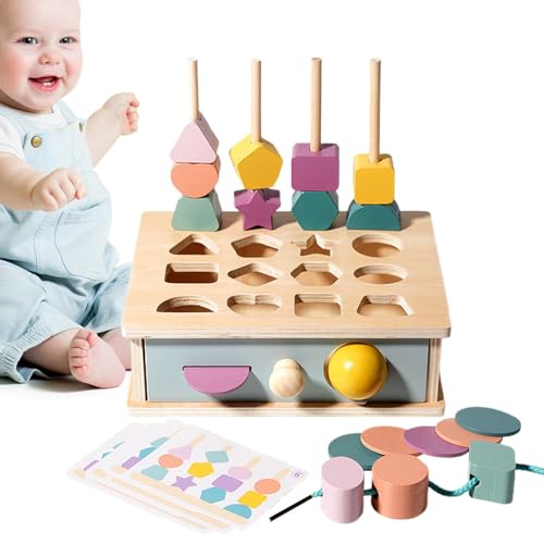 Gvblkq Shape Sorter, Wooden Fine Motor Skills Learning Game, Shape Sequencing Block Matching & Lacing Beads STEM Toy for Boys & Girls 1+ Year Old Toddler, Convenient to Store von Gvblkq