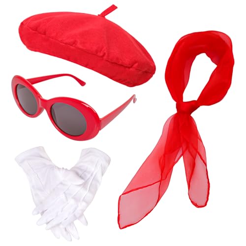 5-teiliges französisches rotes Baskenmützen-Set für Damen und Mädchen, Kostümzubehör inklusive Schal, Handschuhe, Baskenmütze, Sonnenbrille für Halloween, Rot/Ausflug, einfarbig (Getaway Solids), von Gvhntk