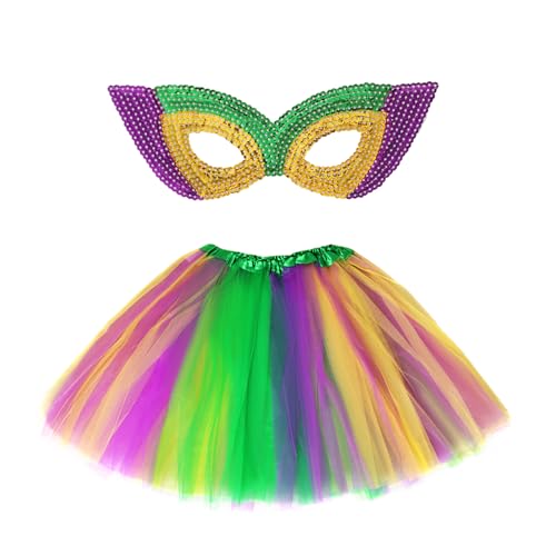 Gvhntk Damen Karnevals-Tutu-Rock, Maske, Zubehör, mehrlagiges Tutu-Kostüm-Set, Neon-Tutu-Rock, Mardi Gras glänzende Maske, Blau, Gelb, Violett, Einheitsgröße von Gvhntk