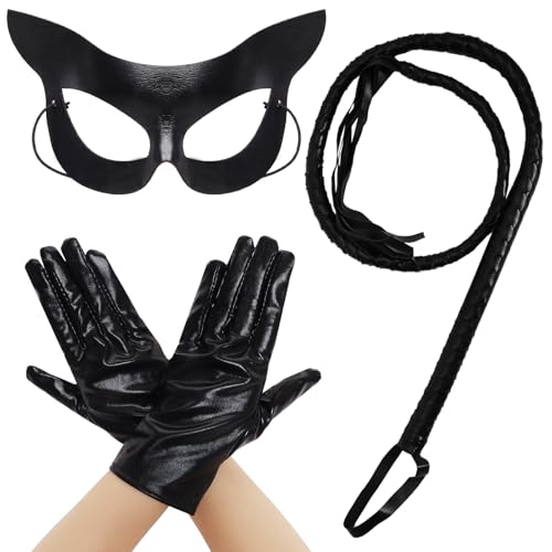 Gvhntk Schwarze Katzenohrmaske, schwarze Peitsche, Lederhandschuh, Kostümzubehör-Set für Damen, Halloween, Cosplay, Maskerade, Party, Schwarz, Einheitsgr��e von Gvhntk