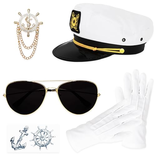 Gvhntk Seemannsschiff, Yachtboot, Kapitänshut, Kostümzubehör-Set, Seekappe, Viator-Sonnenbrille für Männer und Frauen, Kapitäne, 6-teilig von Gvhntk