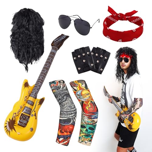 Halloween-Rocker-Kostüm-Set für Herren, Hippie-Perücke, Tattoo-Ärmel, Handschuhe, Stirnband, aufblasbare Gitarre, Punk-Requisiten, Zubehör (rot) von Gvhntk