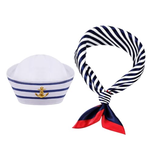 Yachtkapitän Hut Matrosenmütze und Schal Set Matrosenmütze Bootsmütze Navvy Rock Kostüm für Damen Herren Kapitäne Verkleidungsparty, Weiss/opulenter Garten, Standard von Gvhntk