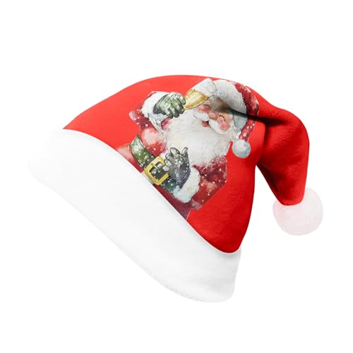 Gwnauz Nikolausmütze Lustig Weihnachtsbaum Druck Dicker Fellrand aus Plüsch Weihnachtsmütze Herren Damen Erwachsene Kinder Lange Weihnachtsmützen mit Pelz Ball und Soft Liner Rot Santa Nikolaus Mütze von Gwnauz