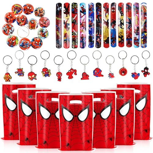 56PCS Spiderman Party Mitgebsel, 12 Spiderman Slaparmbänder + 12 Spiderman Schlüsselanhänger + 12 Spiderman Anstecker + 20 Spiderman Geschenktüten, Party Kleine Geschenke Give Aways für Jungen von Gxhong