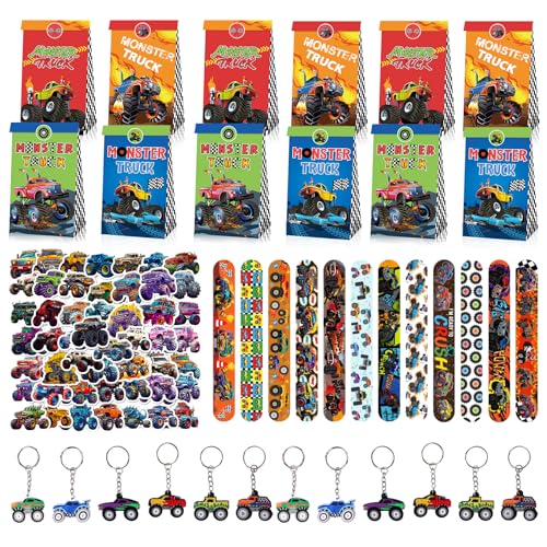 86Pcs Monstertruck Kinder Party Mitgebsel, Monster Truck Geburtstag Geschenkeset, 12 Geschenktüten 12 Slap Armband 12 Schlüsselanhänger 50 Aufkleber, Truck Party Geschenke, für Kinder Jungen Mädchen von Gxhong