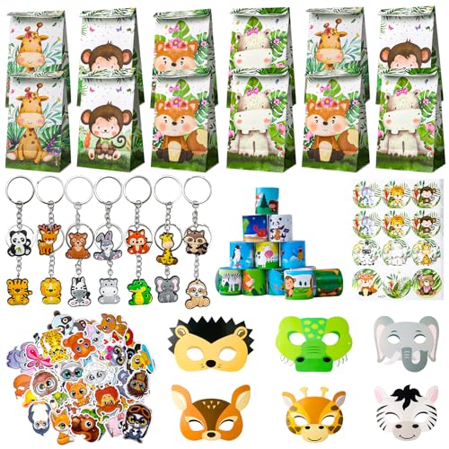 98Pcs Tiere Geschenk Kindergeburtstag, Tiere Thema Geschenktasche Armbänder Schlüsselanhänger Tiere Papier Maske Kinder Aufkleber, Dschungel Party Zubehör, für Mädchen Jungen Einladungen Geschenk von Gxhong