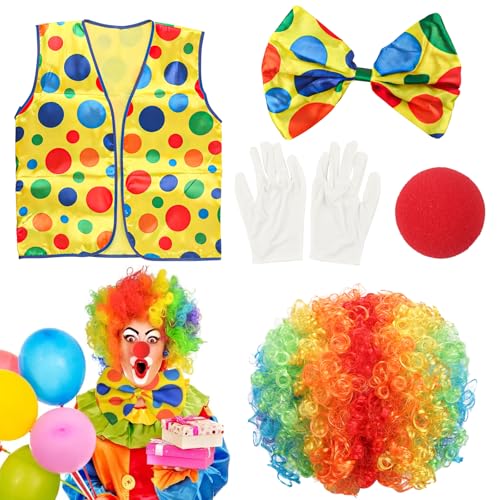 Buntes Clown Kostüm Set, Clown Kostüm Erwachsene, Clown Kostüm Kinder Zirkus, Cosplay Zirkus Requisiten Enthalten Bunte PerüCken Clownsnase Handschuhe Krawatte Weste, Für Karneval Cosplay Accessoire von Gxhong