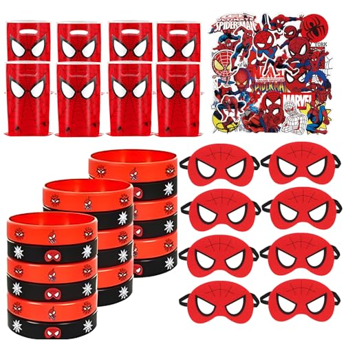 Gxhong Spiderman Party Mitgebsel Geschenke, 10 Spiderman Geschenk Taschen, 10 Spiderman Silikonarmband, 10 Filz Masken, 50 Aufkleber, für Kinder Jungen Mädchen Spiderman Thema Party Geschenke von Gxhong