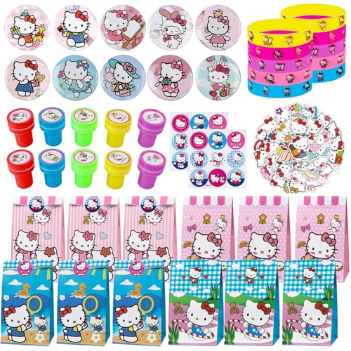 Hello Kitty Party Mitgebsel, 12 Hello Kitty Geschenk Taschen, 10 Hello Kitty Abzeichen, 10 Hello Kitty Stempel Kinder, 10 Hello Kitty Armbänder, 50 Sticker, für Jungen Mädchen Geschenke Party Zubehör von Gxhong