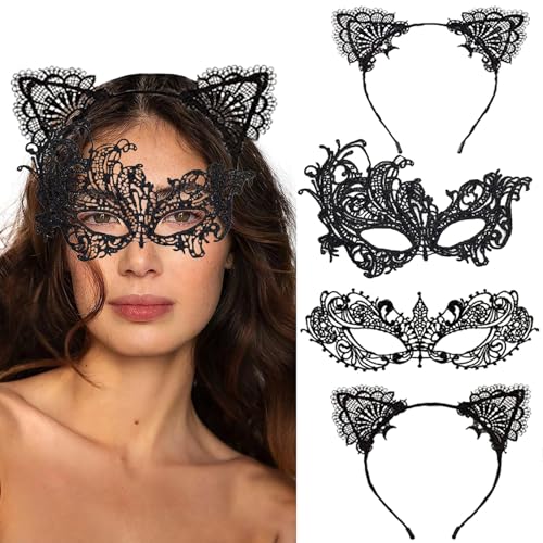 Gxlaihly 4 Stück Halloween Haarreif, Halloween Spitze Katzenohren Stirnband,Haarreif mit Katzenohren und Spitze Maske aus Spitze,Cat Ears mit reizvollen Spitzen, mit Spitzen Maskerade Maske von Gxlaihly