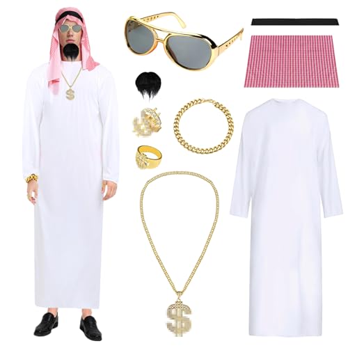 Gxlaihly Arabisches Scheich Kostüm Herren,Arab Man Robe Cosplay Kostüm,Kostüm Scheich Araber,Arabisches Weißes Gewand mit Kopftuch,Finger Ring,Halsketten,Armband,Sonnenbrillen für Party,Cosplay (M) von Gxlaihly