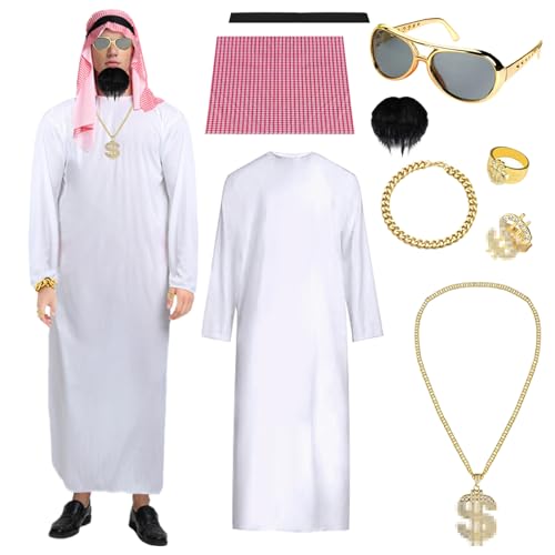 Gxlaihly Arabisches Scheich Kostüm Herren,Arab Man Robe Cosplay Kostüm,Kostüm Scheich Araber,Arabisches Weißes Gewand mit Kopftuch,Finger Ring,Halsketten,Armband,Sonnenbrillen für Party,Cosplay (XXL) von Gxlaihly