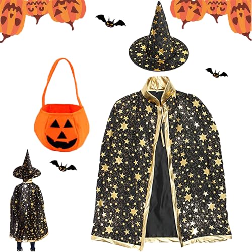 Gxlaihly Halloween-Hexenumhang,Wizard Cape Witch Umhang,Cape und Zauberhut-Set,Zauberermantel Mit Hut+Kürbis Candy Bag, Wizard Cape Witch Umhang,Halloween-Cosplay-Kostüme für Kinder(Magisches Schwarz) von Gxlaihly