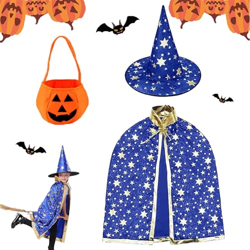 Gxlaihly Halloween-Hexenumhang,Wizard Cape Witch Umhang,Cape und Zauberhut-Set,Zauberermantel Mit Hut+Kürbis Candy Bag, Wizard Cape Witch Umhang,Halloween-Cosplay-Kostüme für Kinder(Magisches Blau) von Gxlaihly