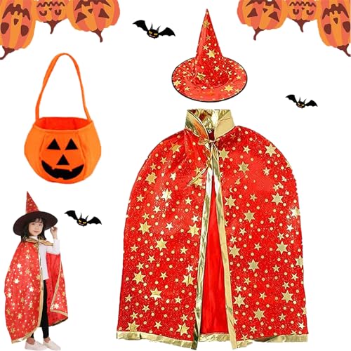 Gxlaihly Halloween-Hexenumhang,Wizard Cape Witch Umhang,Cape und Zauberhut-Set,Zauberermantel Mit Hut+Kürbis Candy Bag, Wizard Cape Witch Umhang,Halloween-Cosplay-Kostüme für Kinder(Magisches Rot) von Gxlaihly