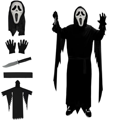 Gxlaihly Halloween-Schrei-Masken-Kostüm,Halloween Scream Costume,Gruseliges schreiendes Geisterkostüm mit falschem Messer,Halloween & Horror Verkleidung (XL-Kind) von Gxlaihly