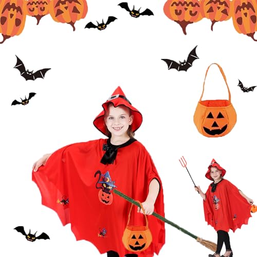 Gxlaihly Kind kürbis fledermaus kostüm,Halloween Fledermaus Kostüm Kinder,Kinder Fledermaus Umhang Kostüme,Wizard cape witch umhang,mit hut unt Kürbis Candy Bag,für Kinder Jungen Mädchen Cosplay(Rot) von Gxlaihly