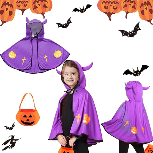 Gxlaihly Kinder teufel umhang,kinder teufelkostümKostüm für Kinder Teufelkostüm,umhang mit ox horn,umhang cape mit ox horn mit kapuze mantel,Halloween Kostüme Cosplay Verkleidung (Magisches Lila) von Gxlaihly