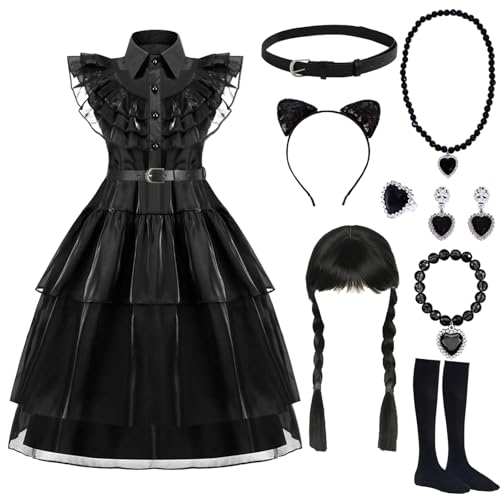 Gxlaihly Kinder Mittwoch Kostüm, Gotisch Prinzessin Schwarz Kleid Halloween Karneval Familie Cosplay Kostüm (Black 1, 110 (3-4 Jahre)) von Gxlaihly