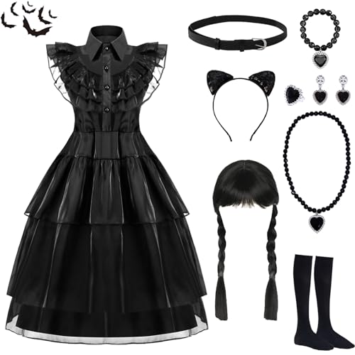 Gxlaihly Kinder Mittwoch Kostüm,Mittwoch Kostüm Kleid Kinder Gotisch Kostüm,Mittwoch Kostüm Kleid Kinder Prinzessin Schwarz Kleid Halloween Karneval Familie Cosplay Kostüm (Black 1, 130 (7-8 Jahre)) von Gxlaihly