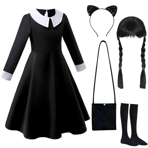 Gxlaihly Kinder Mittwoch Kostüm,Mittwoch Kostüm Kleid Kinder Gotisch Kostüm,Mittwoch Kostüm Kleid Kinder Prinzessin Schwarz Kleid Halloween Karneval Familie Cosplay Kostüm (Black 2, 110 (3-4 Jahre)) von Gxlaihly