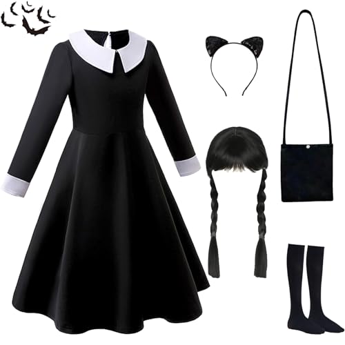 Gxlaihly Kinder Mittwoch Kostüm,Mittwoch Kostüm Kleid Kinder Gotisch Kostüm,Mittwoch Kostüm Kleid Kinder Prinzessin Schwarz Kleid Halloween Karneval Familie Cosplay Kostüm (Black 2, 110 (3-4 Jahre)) von Gxlaihly