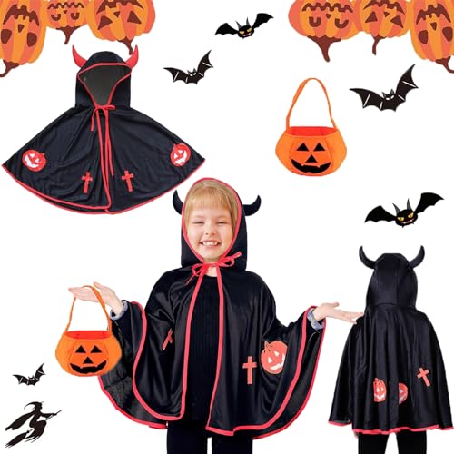 Gxlaihly Kinder teufel umhang,kinder teufelkostümKostüm für Kinder Teufelkostüm,umhang mit ox horn,umhang cape mit ox horn mit kapuze mantel,Halloween Kostüme Cosplay Verkleidung(Magisches Schwarz) von Gxlaihly